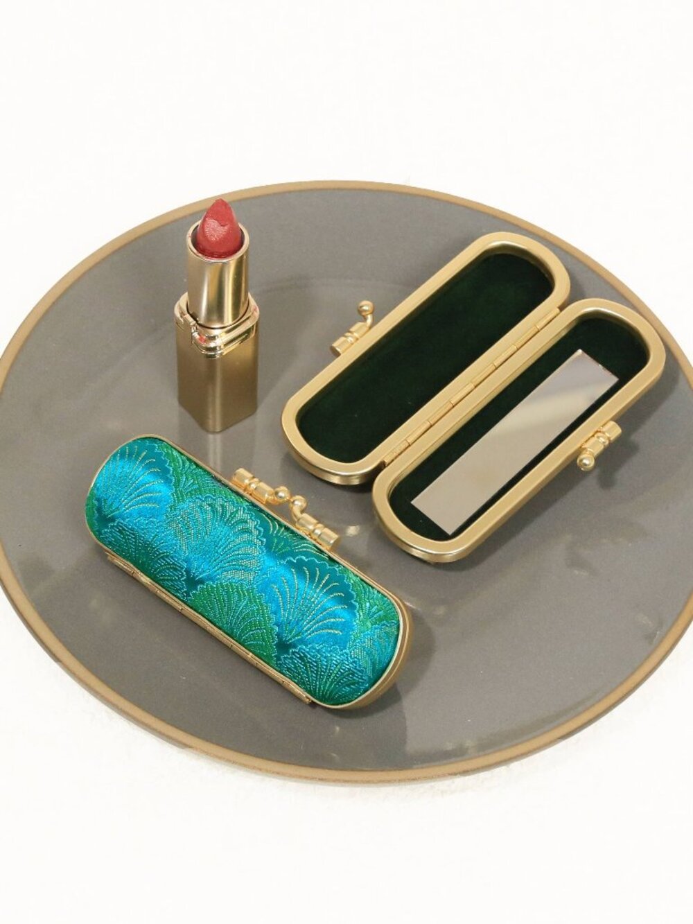 Seashell Brocade Lipstick Holder with Mirror | Teal & Green